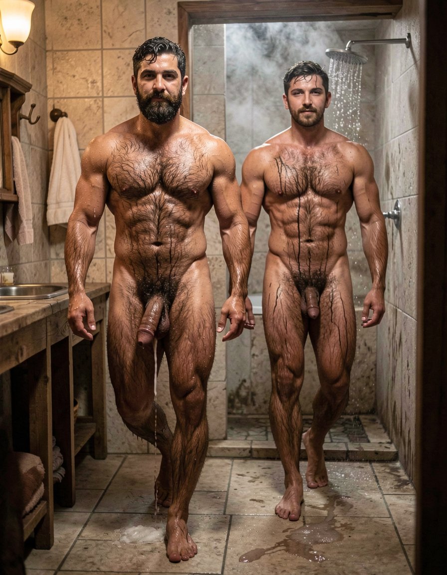 Ultra photorealistic 32k museum quality, extreme cinematic detail, perfect adult male anatomy and proportions with zero distortion or surrealism, dramatic warm side lighting inside a rustic bathroom, deep realistic shadows, hyperrealistic skin texture showing every pore, sweat, water droplets, individual black body hairs and prominent veins. Gayon Von Neumann, 45 years old, 1.85m, 82kg, 4% body fat, brutally muscular and dry with thick veins and mature hard muscle, is walking completely naked toward the shower, his round muscular hairy ass flexing with each step. His massive 26cm thick veined cock hangs heavy and semi-hard between his legs, still dripping thick white cum down his inner thighs. His entire hairy torso, chest, abs, mustache and face are covered in fresh thick cum. Elfo, a clear 35 year old adult man, walks right behind him, also completely naked, his body equally covered in cum that runs down his chest, cock and legs, leaving a trail of semen on the floor. Both men are walking away from the camera toward the open shower, water already running and steam starting to rise. Hyper detailed realistic cum texture, sweat, matted wet black body hair, water droplets, maximum muscle definition and skin texture on both men, both explicitly adult with correct ages, absolute photorealism, no deformation, no surrealism.