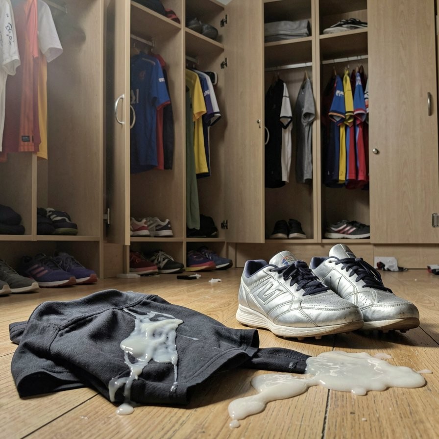 A locker room with open wooden lockers appears messy, with sports shirts hanging, folded clothes on the shelves, and several sneakers scattered across the floor. In the foreground there is a gray sweatshirt lying on the parquet, stained by a thick white liquid that has also spilled, forming a puddle next to silver sneakers with black laces. In the background, more pairs of shoes, colorful garments, and half-open locker doors can be seen, creating a scene of a neglected sports locker room, with dirty clothes, a stained floor, and an everyday atmosphere after a training session.