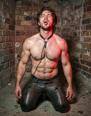 A shirtless man appears kneeling in a narrow space with aged brick walls, his torso sweaty, muscular and covered in hair, his head thrown back and his mouth open in an intense expression of effort, pleasure or exhaustion. He wears tight, shiny black pants, stained with moisture, and a black collar around his neck from which a leash or cable hangs down toward the floor, adding a fetishistic and BDSM aesthetic. The dramatic lighting, with reddish tones on the skin and harsh shadows, reinforces the raw, industrial and claustrophobic atmosphere of the brick alley or basement, with dirt and debris on the floor.