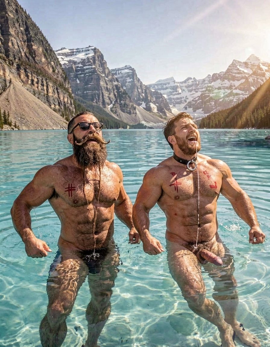 Hyperrealistic cinematic photograph, full body lateral view from a low water-level angle, perfect anatomy and proportions with zero distortions or deformations. Dramatic golden sunlight hitting the unreal glowing turquoise glacial water of Lake Louise, surrounded by towering snow-capped Rocky Mountains. Crystal clear water with perfect reflections.

Hipsterbarba, 40 years old, 180cm, 80kg, 8% body fat, swims powerfully on the left doing backstroke, completely naked. Muscular hairy muscle bear physique with dense dark wet body hair clinging to his broad chest, shoulders, defined abs and thick thighs. Long thick Bandholz beard soaked and dripping over his neck and chest, curled handlebar mustache, black glasses, dominant and competitive expression as he looks up at the sky. His powerful arms and chest cutting through the water with strong, confident strokes.

Anil, 25 years old, extreme bodybuilder slave, 175cm, 80kg, 6% body fat, swims right beside you and slightly behind, also doing backstroke, completely naked. Smooth tanned skin covered in goosebumps and shining under the sun. Massive 127cm pecs thrust upward out of the water with every stroke, deep eight-pack flexing visibly, 47cm veiny arms rotating powerfully, tiny 60cm waist, round 90cm glutes and powerful 70cm quads kicking hard underwater. Black leather collar tight around his thick neck. The metal cock ring brutally tight at the base of his thick swollen purple cock, which points straight up out of the water with every backstroke, rock hard and leaking long continuous strings of precum that fall onto his abs and dissolve into the glowing turquoise water.

Fresh red whip marks visible across his massive chest and shoulders. Anil’s face shows pure effort mixed with fear, mouth open, breathing hard, clearly pushing himself to the limit but still slower than you. Both men swimming backstroke side by side in the middle of the vast freezing lake, completely isolated, raw contrast between the hairy dominant master and his smooth devoted slave. Extreme photorealistic detail on wet skin texture, muscle definition, water splashing, body hair, collar, cock ring, visible erection, precum strings, cold shivering and the breathtaking unreal turquoise water. Perfect anatomy, cinematic natural lighting, no deformations.