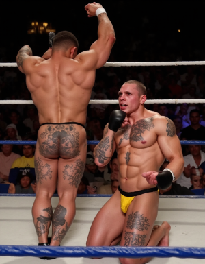 Dos boxeadores muy musculosos y con varios tatuajes grandes están en el ring,   los dos boxeadores  muestran magulladuras en la cara y labio partido, uno de ellos ha quedado derrotado contra las cueras, el ganador le ha arrancado el pantalón para humillarlo, el vencido  muestra un culo tatuado mientas se agarra con fuerza a las cuerdas. El vencedor lo mira con satisfacción y levanta su puño en alto en señal de victoria  el público desde las gradas aplaude