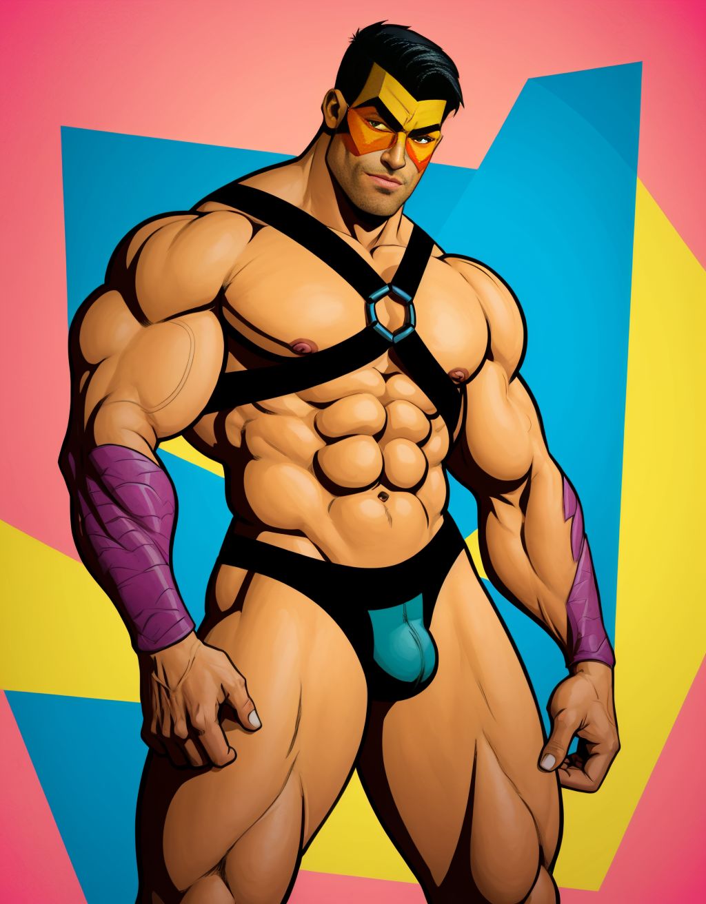 Hombre musculoso con arnés de cuero, estilo cubista, fragmentado en formas geométricas, colores vibrantes, sombras profundas, texturas rugosas, anatomía distorsionada, fondo abstracto.
