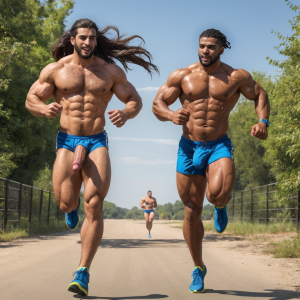 Hombre totalmente desnudo musculoso con pene grande, tiene pelo largo, está corriendo junto a otro hombre totalmente desnudo con pene tieso y testículos grandes peludos, tiene pelo largo. Están sudando y pasan su mano por el pelo. 🌞 