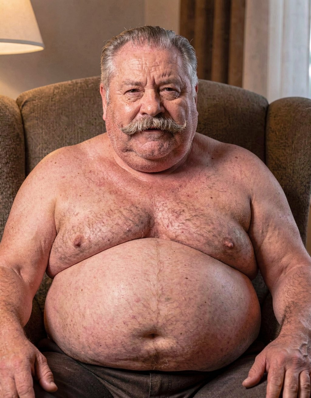 Hombre mayor sentado en un sillón tapizado marrón, con el torso desnudo y una expresión tranquila mirando de frente a la cámara. Tiene el pelo corto canoso peinado hacia atrás, un bigote espeso y gris, rostro curtido con arrugas marcadas y complexión robusta. Su pecho con vello, los hombros anchos y una barriga grande y prominente ocupan gran parte del encuadre, con la piel mostrando manchas, pecas y textura natural. Apoya las manos sobre los reposabrazos o junto a las piernas, vestido solo con un pantalón oscuro visible en la parte inferior. El ambiente interior resulta cálido y doméstico, con una lámpara encendida a un lado y cortinas claras al fondo.