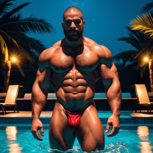Chico musculoso, rapado, barba, nadando desnudo en piscina, polla dura, rastro de lefa visible, agua brillante, músculos definidos, mirada intensa, vello corporal, piel bronceada, ambiente sensual.