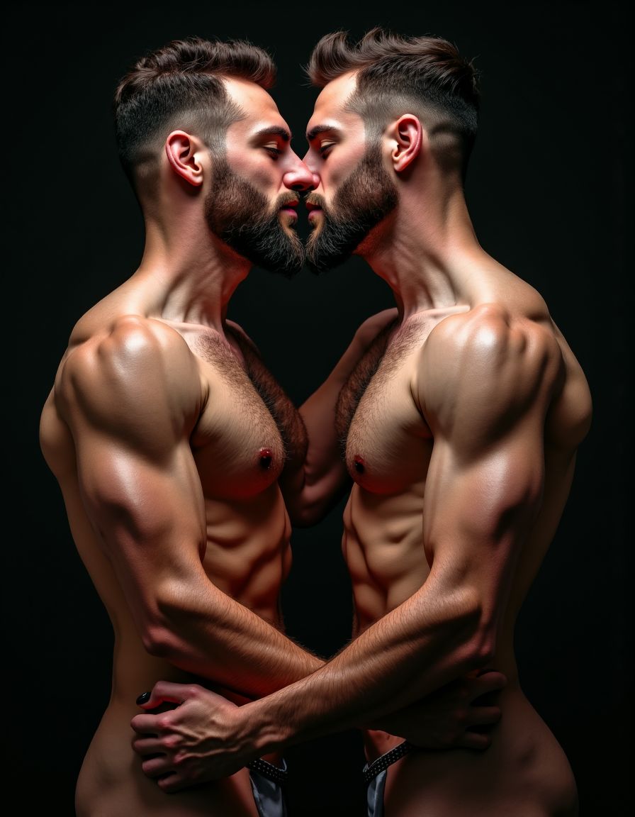 Dos hombres de la antigua Grecia, con rostros masculinos definidos, penetrados por un pene enorme, chorreando semen, llenos de fluidos sexuales, con expresión de deseo y gemidos. Musculosos, desnudos, en posición de misionero, con un cuerpo masculino, siendo penetrados. Musculatura definida, bien dotados, abrazados con fuerza. Sexo gay, con el ano siendo penetrado visiblemente. Solo hombres, besándose, dos hombres frente a frente. Uno alto y otro más bajo. Fotografía de estudio en alta resolución. (Un hombre peligroso y extremadamente velludo, con barba y bigote pelirrojos: 1.3). Pectorales muy marcados (muy detallados: 1.3). Pecho y brazos extremadamente velludos (piernas extremadamente velludas: 1.3). Iluminación de estudio dramática (fondo negro: 1.3). Iluminación de contorno (hiperrealista: 1.3). Enfoque nítido, UHD, HDR. Hombros anchos, cintura, pectorales enormes. Gran angular. Pose dinámica. Piernas abiertas. Barba. Arnés grueso. Hombre moreno, músculos definidos y marcados , vello pectoral y rasgos velludos.
