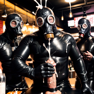 Three people dressed in tight suits of shiny black latex and gloves of the same material pose in an interior lit like a bar or café, with hanging lamps and a blurred counter in the background. They all wear black gas masks with round lenses, creating a fetishistic, industrial, and theatrical aesthetic. The central figure, closest to the camera, firmly holds a brown phallic-shaped bottle while a white liquid splashes upward and falls onto the mask, chest, and hands, accentuating the contrast with the polished latex. The other two people appear on either side, also covered from head to toe, watching or accompanying the scene with a provocative and performative attitude.