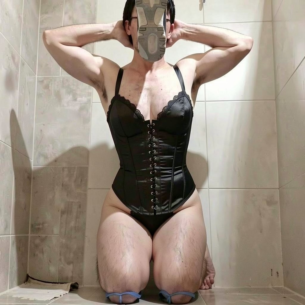 Persona arrodillada sobre un suelo de baño de azulejos claros, posando frente a la cámara con los brazos levantados y las manos detrás de la cabeza, mientras la cara queda parcialmente tapada por la suela de una zapatilla colocada justo delante del rostro. Lleva un corsé negro ajustado tipo lencería, con tirantes finos, copas con encaje, varillas marcadas y un cierre frontal de cordones con ojales metálicos que estiliza el torso. La prenda se prolonga en forma de body o tanga, dejando visibles las caderas, los muslos con vello y las rodillas apoyadas, con unas pequeñas tiras azuladas alrededor de la parte baja de las piernas. El entorno es íntimo y doméstico, con paredes de baldosas beige, iluminación directa y una estética de selfie provocativa en un baño.