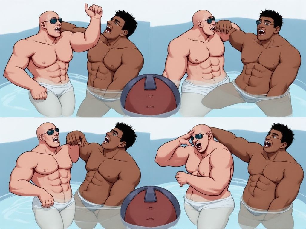 Digital comic-style illustration divided into four panels, with two very muscular men inside a pool or area of clear blue water, both wet and wearing tight white underwear. On the left appears a bald, light-skinned man with sunglasses, a defined torso, and a surprised or defiant expression; on the right, a dark-skinned man with short black hair and an athletic physique smiles broadly while raising his arm as if joking, wrestling, or throwing friendly punches. The scenes show a dynamic interaction of playful fighting, splashes, and exaggerated gestures, with a third partial element in the foreground: a red-blue head or helmet seen from behind, as if someone were watching the situation from the water.