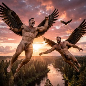 Mike Morris se separa de Alfredo con una explosión de fuerza bruta y asciende con potencia salvaje hacia las nubes más altas, batiendo sus dos enormes alas de águila imperial con golpes potentes y naturales, su torso musculoso, densamente velludo y bronceado arqueado hacia atrás en un esfuerzo real y animal. Sus brazos son completamente naturales y llenos de fuerza: el derecho flexionado con venas marcadas y tensión muscular visible mientras impulsa el aleteo, el izquierdo extendido hacia atrás con mano abierta y dedos bien separados, todo con anatomía realista y sin ninguna artificialidad. Su cara cuadrada muestra una expresión de euforia feroz y masculina. A poca distancia, Alfredo planea con serenidad pero con presencia poderosa, sus dos alas completamente extendidas capturando el viento, brazos naturales y fuertes: el derecho ligeramente doblado hacia delante con mano relajada, el izquierdo abierto hacia el lado en equilibrio perfecto, pecho ancho y muy peludo hinchado, sonrisa tranquila pero cargada de vitalidad.

Ambos están completamente desnudos y transmiten mucha fuerza natural. Sus penes son totalmente realistas y masculinos: de tamaño creíble y proporcionado para sus físicos potentes y maduros, gruesos, pesados y con movimiento orgánico por el viento del vuelo, testículos grandes y peludos que cuelgan con peso real, venas sutiles pero visibles, glande bien formado con textura natural, prepucio suave y pliegues auténticos, sin ninguna exageración ni deformidad. La luz roja intensa del atardecer combinada con fuertes god rays dorados los golpea desde un lateral, creando brillos potentes y naturales en la piel sudorosa, el vello corporal espeso y los músculos en tensión. El águila imperial vuela lejos en el fondo como una silueta lejana. Abajo se ve el río serpenteando entre el bosque denso de pinos. Hiperrealista fotográfico de cuerpo entero en pleno vuelo, estilo cinematográfico crudo y poderoso inspirado en Tom Bianchi y Herb Ritts, con anatomía impecable, mucha fuerza masculina natural, texturas reales de piel, sudor, vello y plumas, y una atmósfera épica y salvaje.

¿Quieres corregir o mejorar algo más concreto? Dime exactamente qué cambiar.