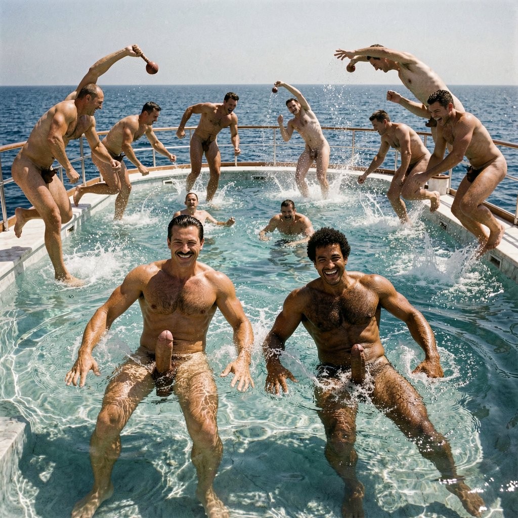 Perfect hyperrealistic 1938 color photograph taken from a slightly elevated angle on the sun-drenched upper deck of the luxury yacht in the Mediterranean. Intense golden midday sunlight creates sharp contrasts, sparkling reflections on the water and dramatic caustic patterns underwater. Flawless human anatomy with zero distortions.

Errol Flynn and Masri are already swimming happily in the large marble pool. Errol, on the left, glides through the water with a wide, confident smile, his jet-black hair still perfectly slicked back, his ultra-thin pencil mustache impeccable. His powerful golden-bronzed body cuts through the turquoise water, dense dark brown chest and abdominal hair visible, his thick 20 cm cock floating heavily between his legs, still semi-erect. Masri swims right beside him, olive-skinned and hyper-muscular, thick black curly body hair covering his chest and arms, his own thick 19 cm cock also drifting in the water. Both men look relaxed and joyful, laughing as they swim side by side.

At that exact moment, all the other muscular men from the yacht are jumping into the pool at once. A chaotic but beautiful wave of completely naked, tanned and hairy male bodies dive and cannonball from every edge of the deck: some head-first, others tucked or spread-eagle, all with cocks and balls swinging in mid-air. Their bodies are captured in different stages of the jump — some still in the air, others breaking the surface creating huge splashes, white foam and thousands of bubbles. The water is exploding with movement, sunlight catching every droplet.

The entire pool is turning into a frenzy of male flesh, muscle, body hair and swinging genitals. The deep blue Mediterranean sparkles in the background. Crystal-clear Kodachrome color, extraordinary photographic sharpness, rich natural tones, every muscle, strand of wet body hair, cock and drop of water rendered with absolute realism. Powerful, joyful and highly charged masculine atmosphere.