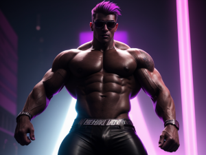 Hombre gigante de 190 cm, 120 kg de músculo, pectorales de 15 cm, bíceps de 50 cm, cintura de 85 cm, muslos de 70 cm, torso en V, abdominales definidos, brazos venosos y tatuados, piel bronceada, gafas de sol, pantalones negros ajustados, pose dominante, iluminación solar intensa, sombras marcadas, anatomía hiperrealista, venas visibles, expresión de superioridad.