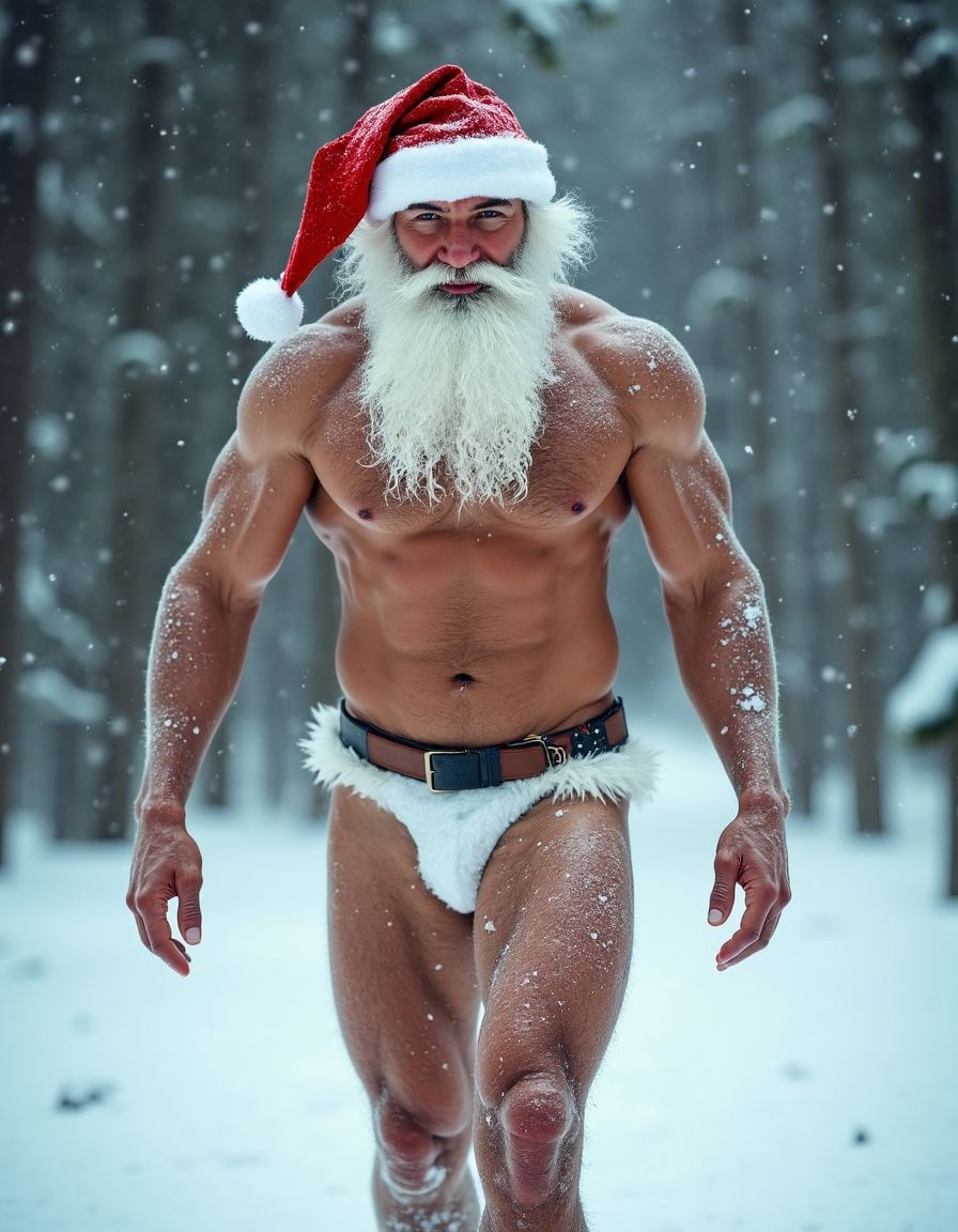 La Navidad. Papá Noel es un hombre de 35 años, atleta, delgado con músculos muy marcados y definidos, está delgado y es muy varonil, tiene barba abundante blanca abundante. Tiene el gorro de papá Noel, está totalmente desnudo enseñando su musculatura de atleta y está bronceado, está entre nieve pero no frío, tiene abundante vello blanco por todo su cuerpo que cubre sus músculos de los pectorales el abdomen y cubre sus piernas. Tiene sandalias blancas en sus pies. Tiene barba abundante blanca de papá Noel. Es el Papá Noel del año 2025, con mucha alegría y mucho sexo gay. Aspecto muy masculino, salvaje. Tiene un pene erecto de 20cm de longitud y 8cm de diámetro. Tiene barba de pelo blanco y tiene mucho vello de color blanco por todo el cuerpo. El hombre Papá Noel está delgado y musculoso y peludo, andando sobre la nieve mientras cae nieve y su pene erecto se mueve sobre sus testículos 