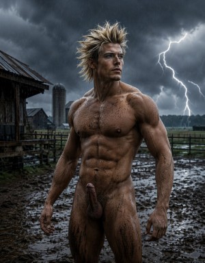 Un hombre desnudo y musculoso permanece de pie en un terreno embarrado de una granja durante una tormenta intensa, con el cuerpo cubierto de barro y lluvia, el torso definido, abdominales marcados, brazos fuertes y el pene visible entre las piernas. Su pelo rubio aparece despeinado por el viento y su rostro serio mira hacia un lado con expresión tensa y desafiante. Al fondo hay establos de madera, una valla, un silo y campos rurales bajo un cielo oscuro cargado de nubes, mientras un rayo ilumina dramáticamente la escena, creando una atmósfera salvaje, húmeda y cinematográfica.