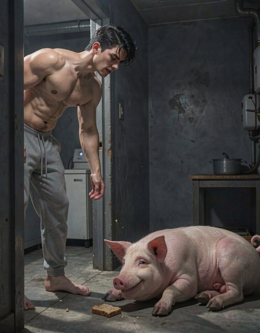 A young, muscular man, shirtless and wearing gray sweatpants, leans from the threshold of a dark, damp room while staring intently at a pink pig lying on the concrete floor. The scene takes place in a deteriorated industrial room, with stained walls, exposed pipes, a boiler or metal tank, and a small table with a pot in the background. The pig, large and calm-looking, rests beside a piece of bread or cracker on the floor, creating a tense, strange, almost cinematic atmosphere, marked by side lighting, harsh shadows, and the dirty environment of a basement or maintenance room.