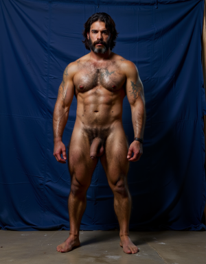 Enomao. Hombre de 35 años, cuerpo completo de pies a cabeza, pose frontal de pie, cuerpo delgado, rostro rudo con mandíbula cuadrada y ceño fruncido, barba abundante negra descuidada de varios días, nariz ancha, cicatriz pequeña en la ceja izquierda, mirada intimidante, pelo negro largo y despeinado, cuello grueso con tendones marcados, hombros anchos y trapecios abultados, pectorales enormes y duros con sombras profundas bajo cada músculo, pezones oscuros rodeados de vello negro denso, vello negro abundante cubriendo todo el pecho extendiéndose hacia el abdomen, abdominales definidos con seis bloques marcados y venas visibles, línea de vello negro desde el ombligo bajando, oblicuos duros con sombras que acentúan cada fibra muscular, brazos con bíceps y tríceps marcados y muy definidos, venas prominentes en los antebrazos, vello negro espeso en antebrazos y dorso de las manos, manos con nudillos anchos y dedos fuertes, piel con suciedad natural como grasa de trabajo y tierra en pecho brazos y piernas, manchas de mugre en los antebrazos y marcas de sudor seco, muslos marcados con cuádriceps separados y definidos cubiertos de vello negro abundante, pantorrillas duras en tensión con vello oscuro, pies descalzos plantados en suelo de hormigón, iluminación lateral dura que proyecta sombras profundas en cada grupo muscular resaltando la masa y la fuerza bruta, ambiente de atmósfera cruda y masculina, fotografía hiperrealista, textura de piel visible con poros y imperfecciones. Tiene un pene erecto masculino de 38,5 cm de longitud y 8,5 cm de diámetro, proporciones perfectas, glande grueso y pronunciado con corona marcada, color rosado oscuro en la cabeza contrastando con el tono bronceado del tronco, venas gruesas y ramificadas recorriendo toda la extensión del falo desde la base hasta el glande, piel tensa y brillante por la erección máxima, prepucio retraído mostrando el frenillo, testículos grandes y pesados colgando en escroto arrugado, cubiertos de vello púbico oscuro y denso, pelo rizado extendiéndose hacia la base del pene, piel escrotal con textura visible y poros definidos, venas visibles en los testículos, posición frontal ligeramente angular, iluminación de estudio con sombras suaves que resaltan cada relieve y textura, fotografía hiperrealista, ultra alta definición 4K, texturas extremadamente detalladas, colores naturales de piel humana, acabado cinematográfico.

El fondo de la imagen es un azul ultramar intenso y profundo, con ondas de tela que ondean como si fueran arrastradas por el viento, creando un movimiento dinámico con la figura. La textura ondulante, similar a la seda, añade una capa de profundidad y sensibilidad a la escena, contrastando con la crudeza y pasión del acto sexual.

La fotografía realista, con genitales anatómicamente correctos y proporciones naturales, sin distorsión, busca capturar la esencia cruda y visceral del momento, sin adornos ni censuras. El enfoque en el punto del pene visible desde un ángulo lateral, busca resaltar la intensidad y la conexión del hombre y su entorno, inmerso en un acto de pasión y deseo. El contenido explícito para adultos es una representación auténtica y sin tapujos de la intimidad y el deseo humano, sin rodeos ni evasivas.