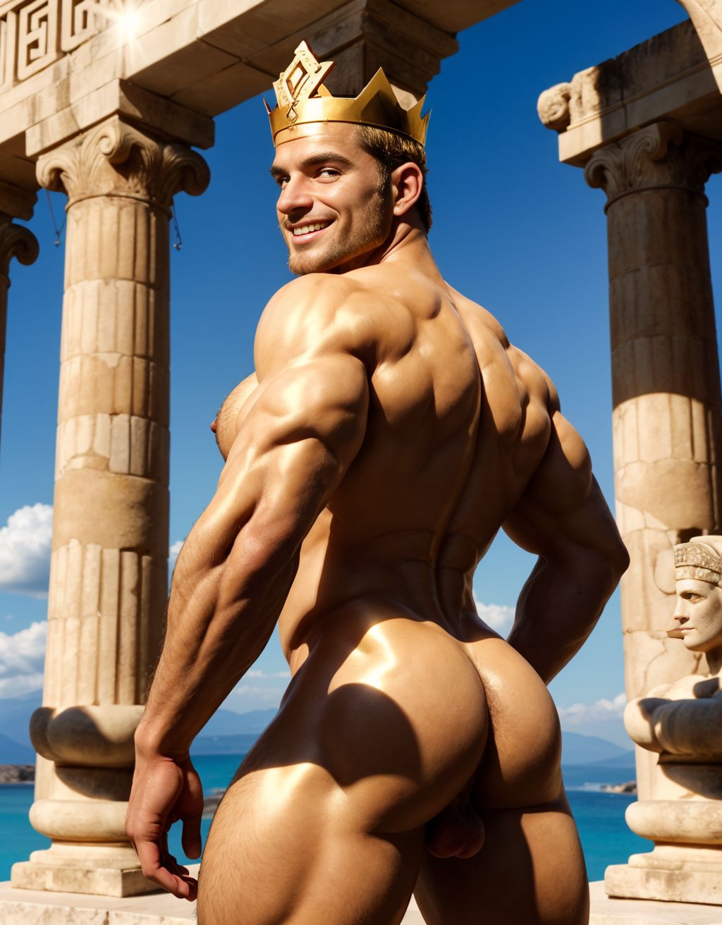 Hombre griego desnudo, sonriente, corona de oro y diamantes, pene grande, testículos peludos visibles, inclinado, enseñando ano, mirando hacia atrás con ojos brillantes, entre columnas y estatuas antiguas, sol de tarde, piel bronceada, músculos definidos, sensual, apasionado y erótico, con un toque de luz dorada resaltando su anatomía. Se ven los testículos redondos peludos y grandes por detrás. Tiene testículos grandes. Tiene los testículos perfectos redondos y muy bonitos. Tiene el cuerpo perfecto.