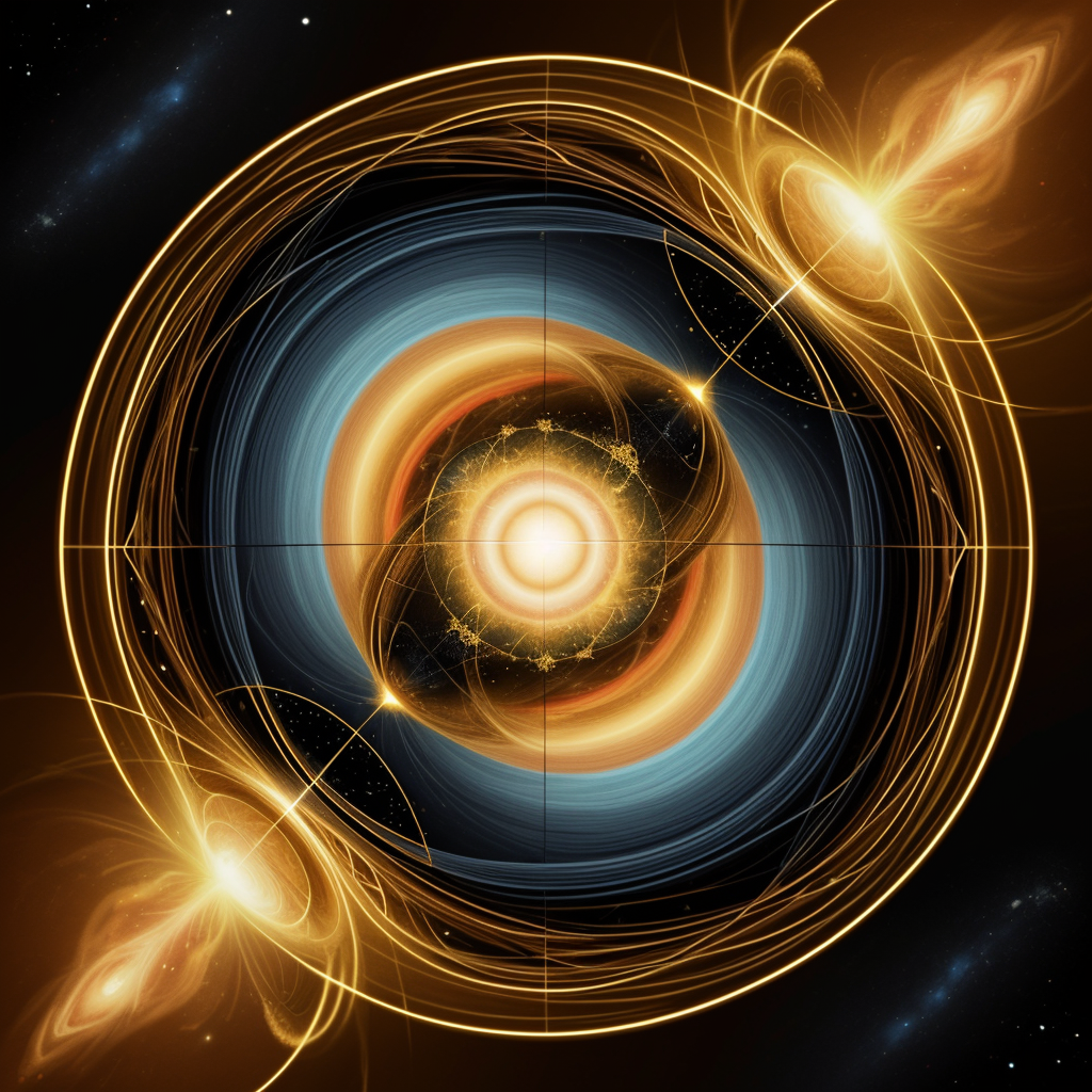 Composición abstracta de estilo cósmico y digital, centrada en una esfera luminosa que parece un núcleo de energía o agujero negro rodeado por anillos concéntricos azules, dorados y anaranjados. Finas líneas de luz amarilla trazan órbitas circulares y elípticas alrededor del centro, creando sensación de movimiento, gravedad y campo magnético. Dos focos brillantes en diagonal, uno arriba a la derecha y otro abajo a la izquierda, parecen emitir formas de mariposa o galaxias espirales incandescentes. El fondo oscuro con pequeñas estrellas y nebulosas refuerza la estética espacial, mientras los destellos, partículas y curvas luminosas sugieren una visualización artística de energía, universo, órbitas, luz y materia en rotación.