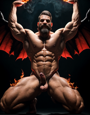 Diablo Satanás desnudo con pene grande y testículos grandes. Dobla el brazo derecho para enseñar los bíceps del brazo derecho con gran orgullo. Tiene mucho vello por todo el cuerpo. Está bronceado. Tiene alas de diablo negras y rojas oscuro. Los brazos están hacia arriba implorando rayos y fuego. Tiene un chorro de fuego en el pene que sale a chorros rojos hacia arriba de su pene erecto tieso hacia arriba. Sus ojos son grandes y rojos. Tiene testículos grandes y oscuros. Está rodeado de llamas y humo. Tienen cara de maldad y con barba. Se ven los pies. Quiero ver los pies. Está delgado. Está agachado.