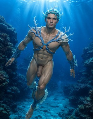 Un hombre desnudo de aspecto mitológico nada bajo el agua entre arrecifes de coral, con un cuerpo musculoso e iluminado por rayos de sol que atraviesan la superficie azul. Lleva una corona y adornos de coral blanco y azul que rodean su cabeza, pecho, brazos y pierna, como si formaran una armadura orgánica de criatura marina o dios oceánico. Su pene queda visible en el centro de la composición, reforzando la desnudez frontal de la figura. El fondo muestra un paisaje submarino profundo, con rocas, corales oscuros, arena clara y una atmósfera fantástica, serena y poderosa.