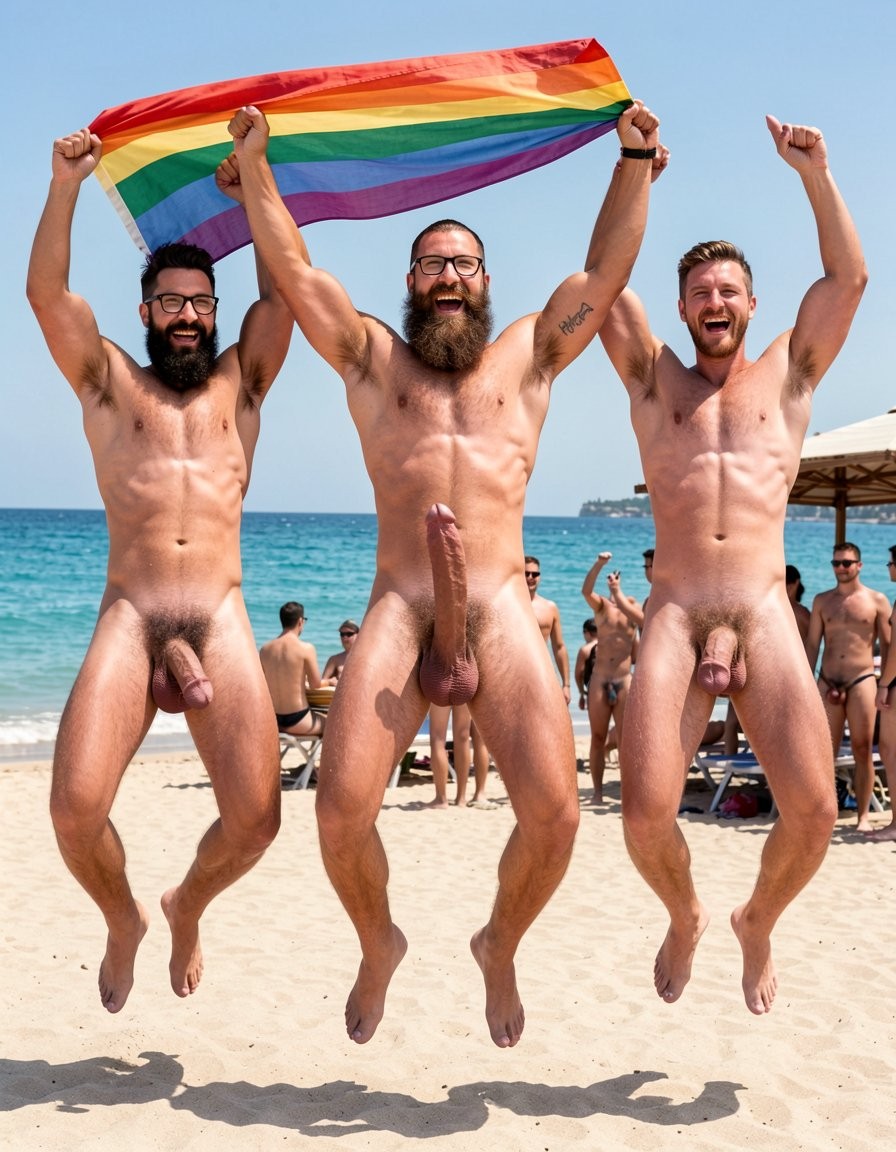 Hyperrealistic photograph captured at the exact peak of the jump at midday on the sand of El Playazo, Vera Playa, Almería, right in front of chiringuito El Pirata. The three of you are completely naked, leaping high into the air with pure joy, knees pulled up toward your chests and legs spread wide open so your hairy assholes are fully exposed and visible to everyone. Arms raised in victory, big genuine laughs on your faces, bodies tensed and muscles exploding under the bright Mediterranean sun.

Hipsterbarba is in the exact center of the frame: 40 years old, 1.80m, 80kg, 8% body fat, completely dry and shredded six-pack with visible linea alba, dense black chest hair, trail running down to your thick pubic bush, rounded separated pecs, wide shoulders, vascular arms, extremely long and perfectly groomed Bandholz beard flying backward from the motion, spiral-curled mustache tips, black-rimmed glasses, high fade undercut hair, small “hipsterbarba” tattoo on your right biceps, thick beautiful 19cm cock swinging heavily upward against your abs, large hairy balls bouncing freely. Your hairy asshole is spread wide open in the jump, pink and tight in the center of the frame.

To your left, Erik (38, strong build, thick black beard, hairy muscular body) jumps with the same energy, his thick 19cm cock and heavy balls in full view, hairy asshole completely exposed. To your right, Ferran (36, athletic and hairy, shorter brown beard) also jumps with legs spread, 17cm cock bouncing, hairy asshole on full display.

All three cocks are semi-hard from the excitement, precum already visible on the tips. Bright sunlight creates sharp shadows that highlight every muscle striation, every hair follicle, every drop of sweat flying off your bodies. The turquoise sea and the terrace of El Pirata are visible in the background with other naked men watching, laughing and starting to get hard. Ultra-detailed skin texture, individual hairs, flying beard strands, perfect anatomical accuracy, cinematic midday lighting, no sign, pure joyful exhibition.

A tu izquierda está Erik: 38 años, complexión fuerte, barba negra espesa, músculos bien definidos, polla gruesa de 19 cm completamente expuesta. También sujeta la pancarta sobre su cabeza con un brazo y saluda con la mano derecha.

A tu derecha está Ferran: 36 años, barba castaña más corta, cuerpo atlético y peludo, polla de 17 cm también visible. Sujeta la pancarta sobre su cabeza y saluda con la mano derecha.

Los tres miráis directamente a la cámara con buena vibra, músculos tensos y piel ligeramente brillante por el sol. La pancarta arcoíris ondea con elegancia por encima de vuestras cabezas, el mar turquesa brilla al fondo y la terraza del chiringuito El Pirata se ve detrás con algunos nudistas observando la escena. Iluminación perfecta de mediodía, texturas hiperrealistas de piel, vello individual, tela moviéndose y colores vivos. Imagen nítida, con mejor composición y mayor detalle en todos los elementos.