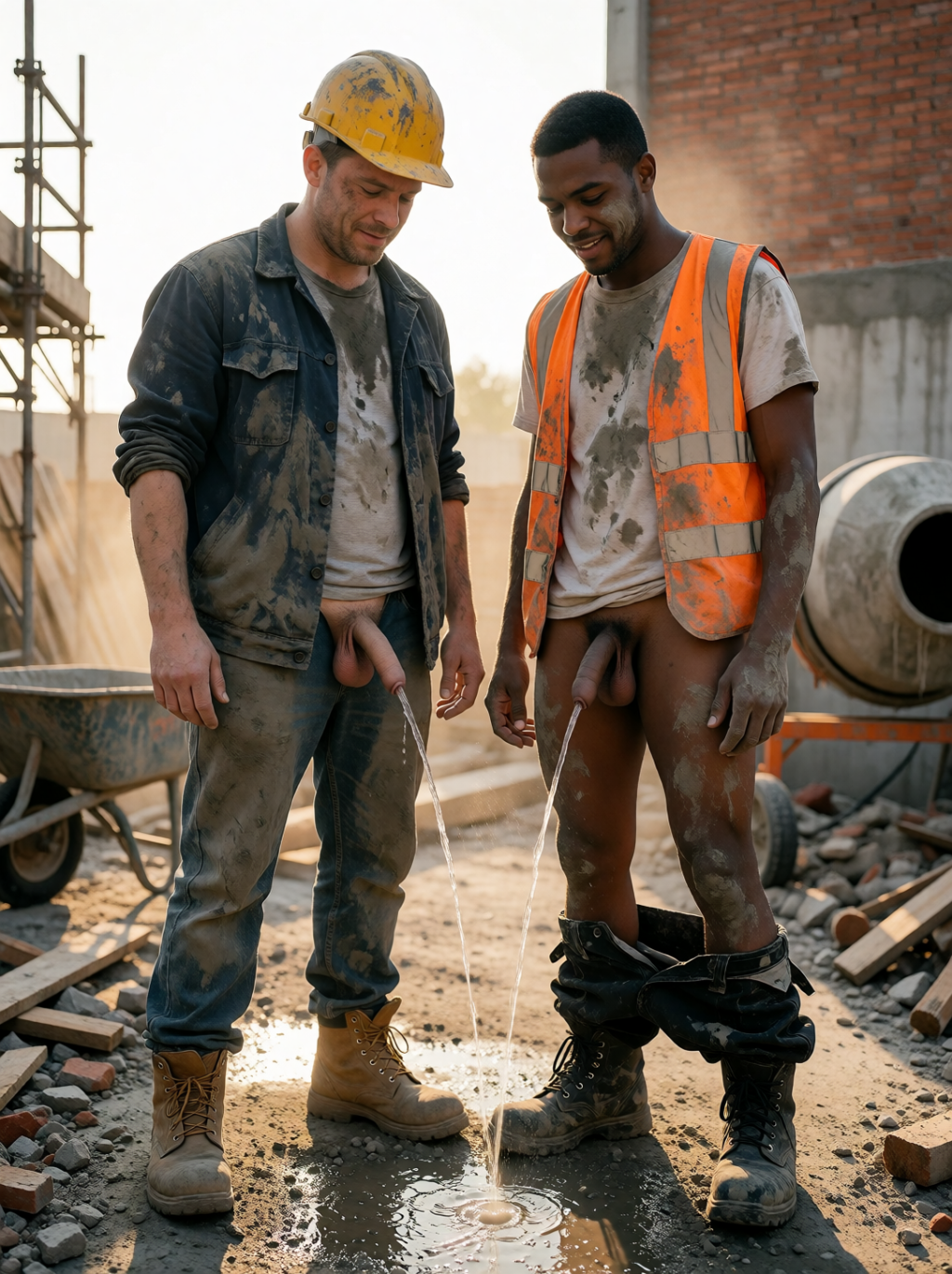 Two construction workers covered in dust and mud are standing at a construction site, with bricks, rubble, a wheelbarrow, scaffolding, and a concrete mixer in the background, while they pee together onto a puddle on the ground. The man on the left wears a yellow hard hat, a dirty denim jacket, jeans, and work boots, with his penis out through the stained clothing; the one on the right wears a soiled white T-shirt, an orange reflective vest, black boots, and his pants pulled down to his ankles, leaving his penis exposed. Both look down with a relaxed, smiling demeanor, in a raw, informal, and explicit scene inside a construction environment lit by warm light.