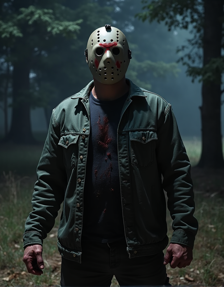 Jason Voorhees, el icónico asesino de la franquicia de terror Viernes 13, se encuentra en el centro de la escena, llevando su característica máscara de hockey manchada con semen, lo que sugiere una escena de violencia y horror sexual. La máscara, que normalmente es un símbolo de miedo y anonimato, ahora lleva una mancha que implica una violación de su personaje, añadiendo un elemento de degeneración y perversión a su ya aterradora presencia.

La escena se desarrolla en un entorno oscuro y sombrío, posiblemente en los alrededores del Camp Crystal Lake, donde Jason ha sembrado el terror durante décadas. La iluminación es tenue, con sombras que se proyectan sobre el suelo y los árboles, creando un ambiente de suspense y miedo.

Jason, con su máscara manchada, parece estar listo para atacar, su postura amenazante y su mirada fija en algún punto en la distancia, posiblemente en su próxima víctima. Su ropa está desgarrada y ensangrentada, lo que sugiere que ha estado involucrado en una lucha reciente. La mancha de semen en su máscara es un recordatorio de la violencia y la depravación que ha cometido, y que está listo para seguir sembrando el terror en aquellos que se atreven a entrar en su territorio.

La escena es una mezcla de horror, violencia y sexualidad, con Jason Voorhees como el centro de la atención, listo para desatar su furia sobre cualquier persona que se cruce en su camino. La imagen es intensa y perturbadora, y es un recordatorio de la oscuridad y la depravación que puede existir en el mundo del horror.