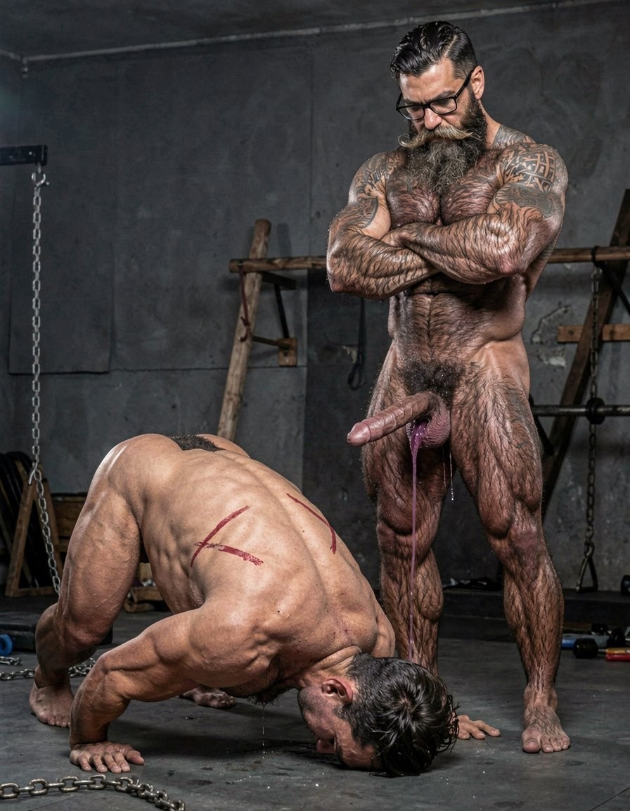 Dos hombres desnudos y musculosos posan en un entorno industrial tipo gimnasio, con paredes oscuras, cadenas, barras y equipamiento de entrenamiento al fondo; uno permanece de pie, con barba larga, gafas, el pelo peinado hacia atrás, brazos cruzados y el cuerpo cubierto de tatuajes, mostrando el pene y el vello corporal mientras mira hacia abajo con gesto serio. Frente a él, otro hombre está inclinado en una postura extrema apoyado en manos y cabeza sobre el suelo, con la espalda arqueada, marcas rojizas visibles sobre la piel y una musculatura muy marcada. La escena tiene una iluminación dramática, estética de fuerza física, dominación corporal y fotografía artística de desnudo masculino.