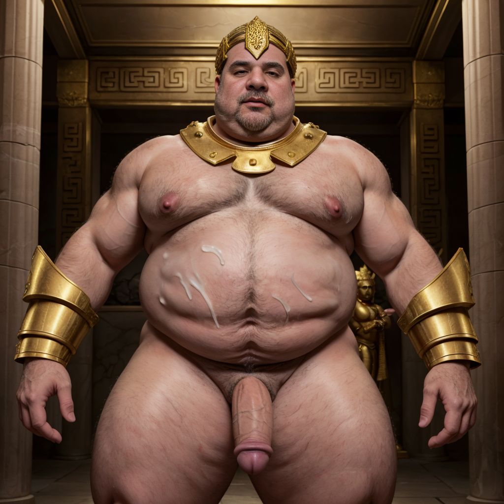 Dios griego de mármol,gordo sadico,  en actitud de castigo, desnudo, solo con armadura dorada en el pecho, enseñando su barriga y su enorme polla . En templo