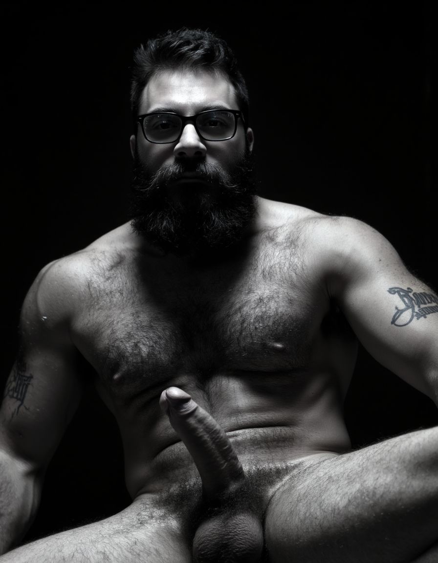 Fotografía hiperrealista en blanco y negro de un hombre adulto musculoso a la vista desde las rodillas para arriba hasta la cabeza, cuerpo muy delgado con musculación marcada y definida, rostro masculino, totalmente desnudo con polla erecta de treinta centímetros de longitud y ocho centímetros de diámetro, tiene rasgos marcados duros expresivos, barba densa poblada tupida oscura estilo hipster cubriendo completamente mandíbula mentón mejillas con grosor uniforme textura abundante muy definida, bigote denso tupido oscuro conectado perfectamente con la barba completa cubriendo completamente el labio superior, pelo oscuro medio peinado completamente recto hacia arriba con volumen considerable estilo hipster moderno quiff puntas verticales texturizadas hacia el cielo con altura prominente, cejas gruesas oscuras pobladas muy marcadas definidas, gafas de montura completa negra cuadradas grandes estilo hipster moderno sobre el puente de la nariz enmarcando unos ojos oscuros intensos que miran directamente a cámara con expresión seria penetrante confiada, expresión facial seria masculina sin sonrisa con mirada directa desafiante, pómulos marcados definidos angulares, nariz recta proporcionada, labios medios apenas visibles completamente cubiertos por bigote denso que conecta con la barba hipster completa, torso desnudo muy musculoso con pectorales enormes desarrollados y definidos, hombros anchos musculosos deltoide prominentes, brazos musculosos gruesos con bíceps y tríceps marcados visibles a ambos lados del cuerpo, abdomen tonificado marcado visible desde la cintura, piel con textura realista detallada poros imperfecciones sutiles, vello corporal denso oscuro abundante cubriendo pectorales abdomen brazos hombros con textura natural masculina muy visible, tatuaje en tinta negra en el bíceps del brazo derecho con la palabra exacta 