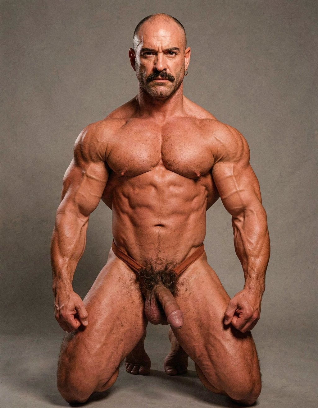 Mike Morris, the 32-year-old Caucasian bodybuilder with an athletic and extremely defined muscular physique, stands at full attention in a strict military pose, feet together, legs straight, back rigidly upright, shoulders back, chest thrust forward, arms at his sides with fists clenched, and head held high looking straight ahead with a serious, almost threatening expression. Full body shot from the tips of his toes to the top of his bald head. He is completely naked. His advanced Norwood III-IV male pattern baldness is clearly visible, with a shiny tanned scalp on top, short dark brown hair only on the sides and back. His square, angular face with strong jaw, prominent cheekbones, thick dark handlebar mustache, heavy brows, and intense deep-set brown eyes under slightly hooded lids stares forward with firm authority. His massive square pectorals are pushed out, dark brown chest hair forming a dense classic T-pattern down the sternum and spreading across his wide six-pack abs. Small dark nipples sit low on the pecs. A trail of dark hair leads to an extremely dense, thick, curly dark brown pubic bush that climbs almost to his navel. His heavy 14 cm flaccid cock hangs thick over large, low-hanging hairy testicles, the skin of the shaft noticeably lighter than his tanned body. Powerful veined forearms, developed traps flowing into delts, defined quads with visible separation, diamond-shaped calves, and hairy feet complete the figure. Warm directional studio lighting from above and slightly to the side creates sharp highlights on his oiled skin, deep shadows that accentuate every muscle fiber, the texture of his dense body hair, and the contrast between his tanned body and lighter genital area. Photorealistic, 1970s Colt Studio aesthetic, high contrast, masculine and commanding presence, grainy film texture.  ... Está de rodillas. Tiene un tanga ajustado de color naranja oscuro