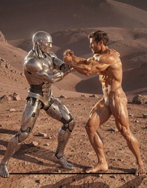 Dos robots de titanio con con forma humana y dos humanos desnudos con el pene erecto, ambos con cuerpos hiper musculosos y definidos, luchan abrazándose intensamente en el suelo polvoriento de un planeta extraño, sus cuerpos desnudos brillan bajo la luz tenue del sol alienígena. Sus músculos se tensan y se flexionan a medida que se golpean y se empujan, sus penes erectos y metálicos se destacan en la escena