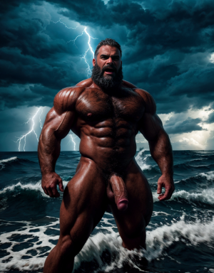 Neptuno es dios de los mares, las tempestades y los vientos. Es un dios iracundo y malhumorado, incluso violento. Está desnudo. Tiene un pene grande y largo. Tiene mucho vello.