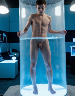 Un joven delgado y atlético de unos 25 años, completamente desnudo, se encuentra encerrado dentro de un gran cilindro de cristal que se extiende desde el suelo hasta el techo en una sala futurista. El cilindro, con una superficie lisa y transparente, refleja la luz de las máquinas modernas que lo rodean, creando un ambiente de alta tecnología y misterio. El joven, con su piel suave y bronceada, intenta desesperadamente escapar del cilindro, con las manos apoyadas en la superficie de cristal, tratando de encontrar una grieta o un punto débil para liberarse.

Mientras tanto, el cilindro se llena lentamente de agua cristalina, que sube por las piernas del joven, cubriendo su cuerpo delgado y tonificado. El agua refleja la luz de las máquinas, creando un efecto de ondas y distorsiones en la superficie del cristal. El joven, con los ojos desesperados y la boca abierta, intenta encontrar una salida, pero el cilindro parece ser hermético, sin ninguna abertura o debilidad.

En la sala, hay varias máquinas modernas y futuristas, con luces y pantallas que parpadean y emiten sonidos electrónicos. Las máquinas parecen ser de una nave extraterrestre, con diseños geométricos y curvas suaves que crean un ambiente de ciencia ficción. Algunas de las máquinas tienen brazos robóticos que se extienden y se retractan, como si estuvieran realizando algún tipo de experimento o análisis. El joven, encerrado en el cilindro, parece ser el sujeto de estudio de estas máquinas, y su desnudez y vulnerabilidad hacen que la escena sea aún más intensa y dramática.

La iluminación de la sala es suave y difusa, con un tono azulado que crea un ambiente de frialdad y objetividad. El agua que llena el cilindro refleja la luz de las máquinas, creando un efecto de profundidad y dimensión en la escena. El joven, con su cuerpo delgado y desnudo, se encuentra en el centro de la escena, rodeado de la tecnología avanzada y el misterio de la nave extraterrestre.