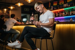 Hombre español de 20 años sentado en taburete alto de bar gay en Chueca Madrid, pelo rubio teñido con raíces oscuras visibles, corte moderno con flequillo hacia un lado, camiseta blanca ajustada de Zara marcando pectorales, vaqueros negros pitillo ajustados, Nike Air Force 1 blancas sucias en los pies, cerveza Mahou en la mano, sonrisa pícara mirando el móvil, constitución delgada atlética, piel clara, pendiente pequeño plateado en oreja izquierda, tatuaje pequeño en antebrazo, ambiente de bar moderno con luces cálidas, decoración arcoíris al fondo, expresión relajada de satisfacción post-sexo, iluminación natural mezclada con neones, estilo hipster gay español, pose casual despreocupada.
