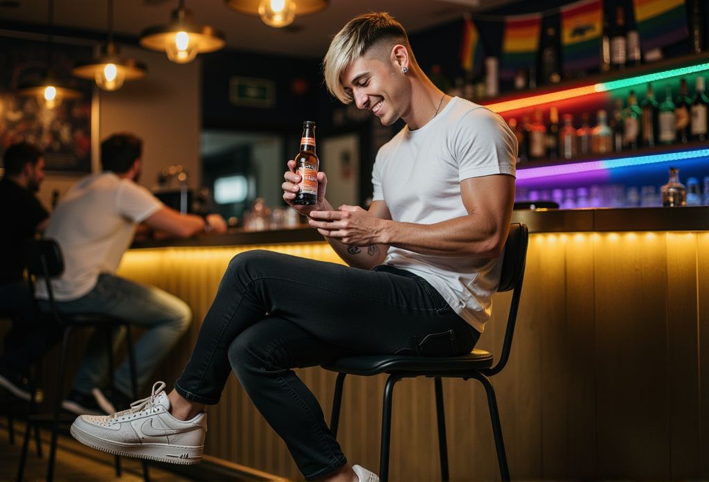 Hombre español de 20 años sentado en taburete alto de bar gay en Chueca Madrid, pelo rubio teñido con raíces oscuras visibles, corte moderno con flequillo hacia un lado, camiseta blanca ajustada de Zara marcando pectorales, vaqueros negros pitillo ajustados, Nike Air Force 1 blancas sucias en los pies, cerveza Mahou en la mano, sonrisa pícara mirando el móvil, constitución delgada atlética, piel clara, pendiente pequeño plateado en oreja izquierda, tatuaje pequeño en antebrazo, ambiente de bar moderno con luces cálidas, decoración arcoíris al fondo, expresión relajada de satisfacción post-sexo, iluminación natural mezclada con neones, estilo hipster gay español, pose casual despreocupada.