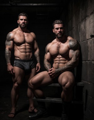 Hombres atractivos y musculosos en ropa interior, sentados en catres metálicos, en una celda de prisión oscura y sombría, con paredes de piedra frías y barrotes de hierro oxidados, iluminación tenue y sombras profundas, expresiones de desesperanza y resignación, ropa interior blanca y gris, cuerpos tonificados y definidos, tatuajes visibles en los brazos y torsos, cabello despeinado y barbas incipientes, ambiente de desolación y abandono, texturas realistas y detalles precisos, iluminación dramática y sombreado intenso.
