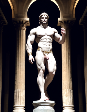 Júpiter, principal dios romano, figura masculina adulta, desnudo, cuerpo fuerte y musculoso, piel clara, rostro majestuoso, expresión dominante, pene grande y visible, lleva solo sandalias blancas clásicas, fondo con columnas romanas, ambiente mitológico, iluminación dramática, sin ropa ni accesorios extra, postura orgullosa. Está masturbándose. Tiene testículos grandes y redondos. Eyaculación. 