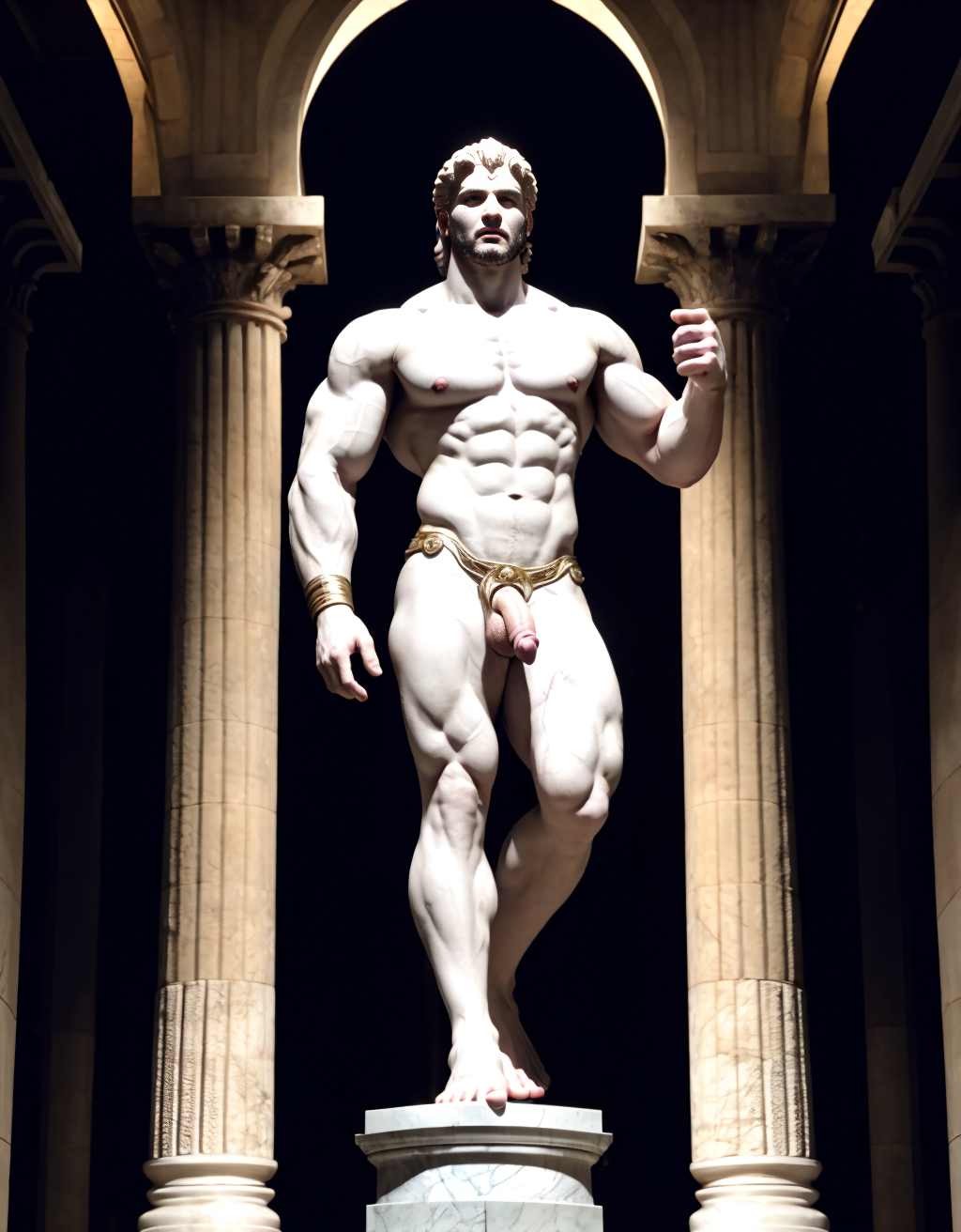 Júpiter, principal dios romano, figura masculina adulta, desnudo, cuerpo fuerte y musculoso, piel clara, rostro majestuoso, expresión dominante, pene grande y visible, lleva solo sandalias blancas clásicas, fondo con columnas romanas, ambiente mitológico, iluminación dramática, sin ropa ni accesorios extra, postura orgullosa. Está masturbándose. Tiene testículos grandes y redondos. Eyaculación. 