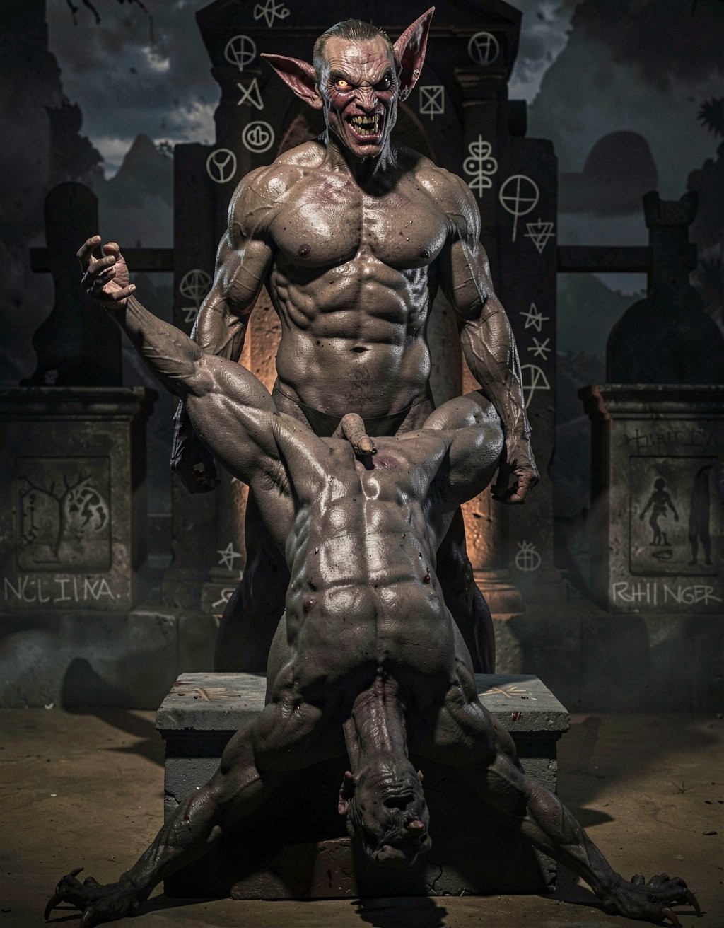 Un demonio musculoso de piel grisácea y brillante domina una escena oscura de fantasía gótica, de pie sobre un altar de piedra en un cementerio con niebla, lápidas y símbolos ocultistas grabados al fondo. Tiene orejas puntiagudas, rostro feroz con colmillos, ojos amenazantes y un cuerpo desnudo marcado por abdominales, pecho definido y venas prominentes; su pene queda visible de forma frontal. A sus pies aparece otra criatura humanoide desnuda, contorsionada boca abajo y sujeta por la pierna, con extremidades abiertas y cuerpo igualmente fibroso, creando una composición violenta y ritual. La iluminación dramática, las cruces, sigilos esotéricos y tonos sombríos refuerzan una atmósfera demoníaca, macabra y sobrenatural.