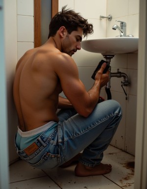 Un fontanero masculino de unos 25 años, con cabello moreno y despeinado, está agachado en el suelo de un baño, concentrado en arreglar un grifo que gotea agua. Lleva unos vaqueros azules desgastados y manchados con grasa y polvo, lo que sugiere su dedicación a su trabajo. La banda de los gayumbos, de un color azul claro desgastado, se asoma por encima de los pantalones, destacando su físico atlético. Su camiseta corta, de un tejido ajustado y transpirable, se ajusta a su torso musculoso, dejando al descubierto sus brazos fuertes y con vello, con gotas de sudor resbalando por su piel morena. El fontanero tiene los pantalones ligeramente bajados, lo que permite ver parte de su ropa interior, y su postura agachada resalta sus glúteos firmes y redondeados. La luz del baño ilumina su figura, destacando los músculos de su espalda y los contornos de su cuerpo atlético, mientras se enfoca en su trabajo con una herramienta en la mano.