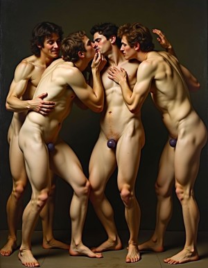 inspirado en la pintura barroca, cuatro jóvenes sodomitas, besándose con taparrabos. 