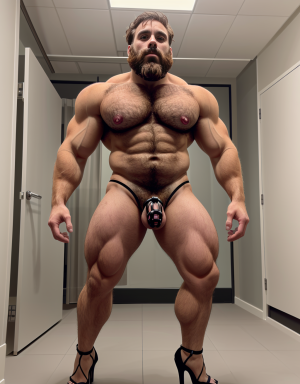Hombre con barba, grande y peludo en lencería, tacones y jaula de castidad 