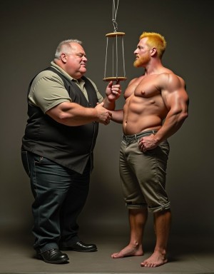 Dos hombres posan frente a un fondo de estudio oscuro y neutro, iluminados con luz suave y dramática. A la izquierda aparece un hombre corpulento, vestido con camisa verde, chaleco negro, vaqueros y zapatos, sujetando con gesto serio una cuerda o mecanismo colgante con pequeñas plataformas de madera, como una balanza o accesorio suspendido. A la derecha, un hombre muy musculoso y pelirrojo permanece de pie sin camiseta, mostrando torso definido, brazos grandes y abdomen marcado, con pantalones cortos verdes remangados y pies descalzos. La escena crea un contraste visual fuerte entre complexiones, ropa y actitud, con ambos mirándose de perfil en una composición teatral, casi de retrato conceptual.