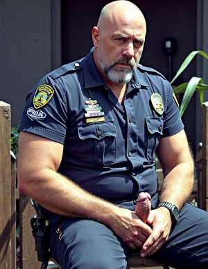 Uniformes. Policía de 65 años sentado, tipo fofisano, morboso con barba, masturba su pene erecto 