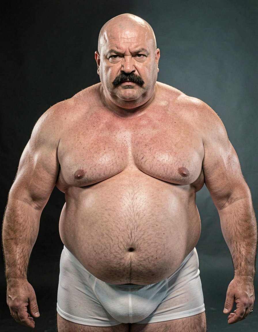 Un anciano calvo con bigote grueso y expresión severa, tiene un cuerpo obeso con una prominente barriga, viste solo un slip blanco que resaltan sus generosas formas, especialmente sus pechos enormes que cuelgan sobre su abdomen, mostrando una figura masculina con un toque de ironía y sensualidad, con un enfoque en la textura de su piel y el brillo de su calva, en un estilo hiperrealista con detalles de alta calidad.