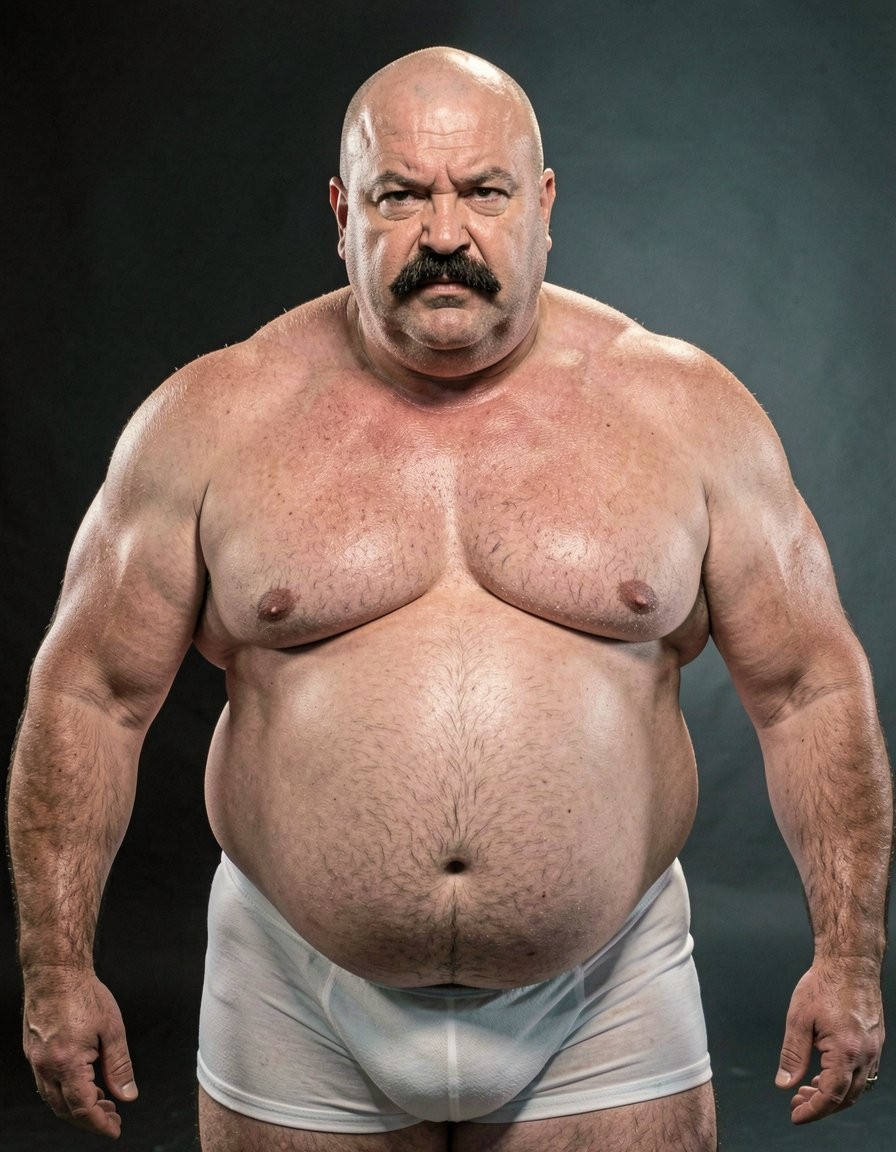 Corpulent bald man posing standing in front of a dark studio background, bare-chested, with a thick mustache and a serious, intense expression looking directly at the camera. His build is robust, with a broad chest, prominent abdomen with body hair, and strong arms at his sides. He is wearing tight white boxer briefs that cover the intimate area and slightly outline the volume beneath the fabric. The frontal lighting highlights the shine of the skin, the body’s natural folds, and his imposing physical presence, creating a direct, raw, and unadorned masculine portrait.
