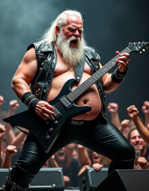 Un abuelo obeso de 65 años, con barba blanca despeinada y cabello largo blanco desordenado cayendo sobre su frente, vistiendo un chaleco de cuero negro con tachas de metal brillantes y mangas cortas, que deja al descubierto su torso peludo y sudoroso, con un pecho velludo y una gran barriga prominente que se extiende por debajo del chaleco, lleva pantalones de cuero negro ajustados y botas de cuero con hebilla de metal, negra con adornos de metal en sus manos, listo para tocar un poderoso riff de heavy metal en un escenario oscuro y lleno de humo, con luces estroboscópicas y altavoces a sus lados, su rostro arrugado muestra intensidad y pasión, con los ojos cerrados y la boca abierta, como si estuviera a punto de gritar el estribillo de una canción, mientras el fondo está lleno de fans de heavy metal con el puño en alto, enfocados en el abuelo como centro de atención, pene pequeño y gordo,testiculos gordos