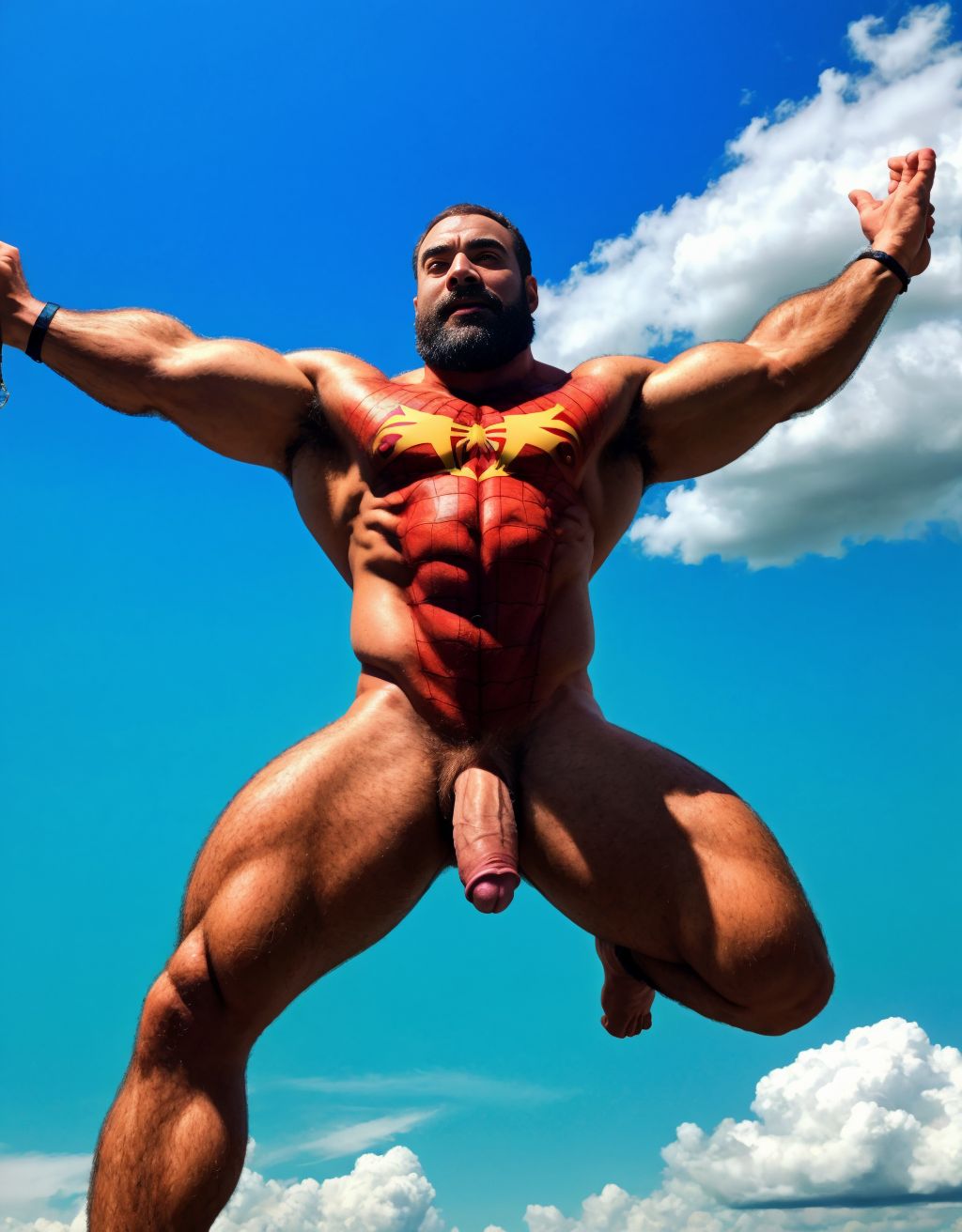 Spiderman velludo musculoso totalmente desnudo volando de lado en horizontal sobre una nube en cielo azul. Tiene el pene grande. Tiene los huevos grandes y peludos.