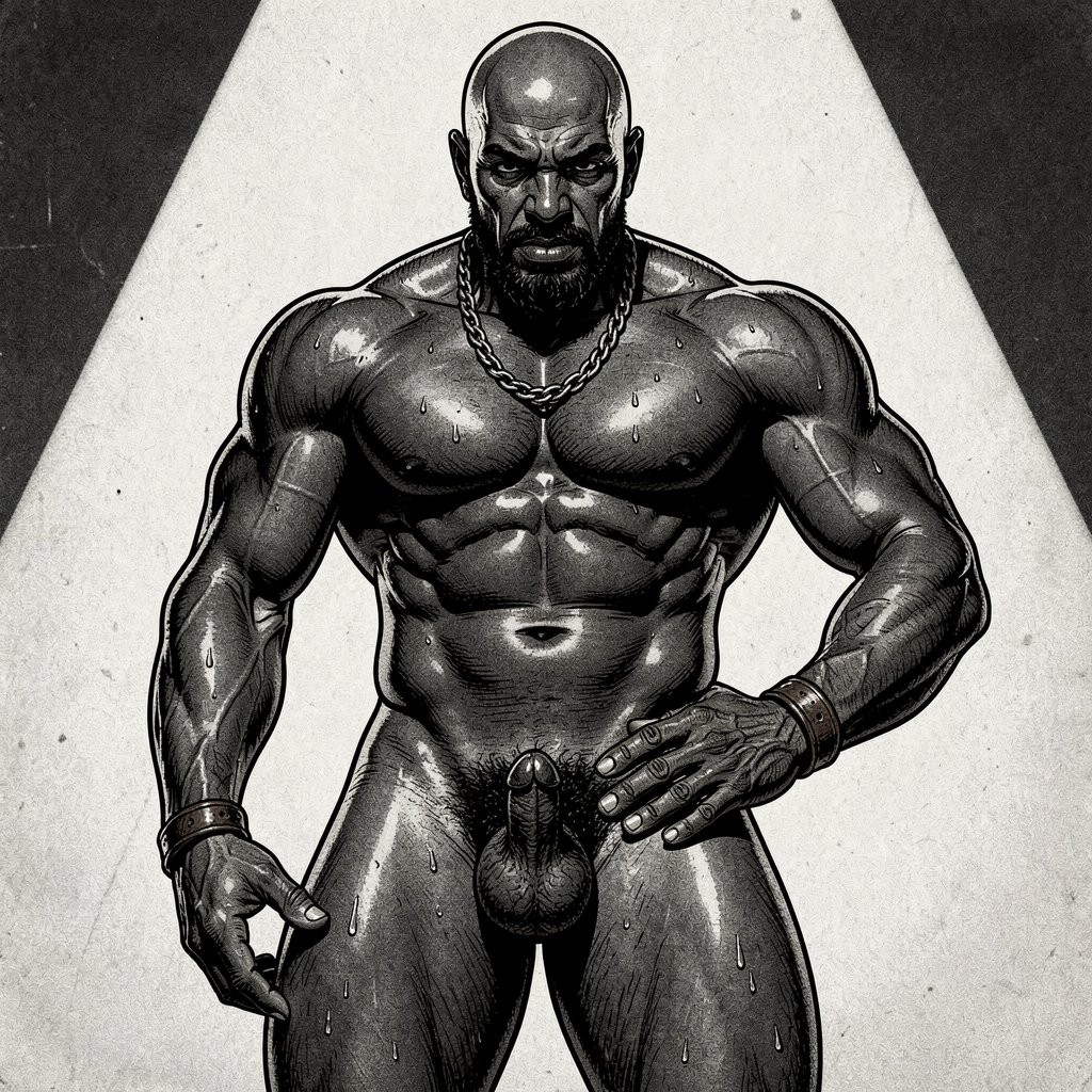 A bald and extremely muscular man appears standing, completely naked, his oiled body shining under a triangular spotlight against a dark black-and-white background. His expression is intense and defiant, with a furrowed brow, a thick beard, and a heavy chain around his neck that reinforces a tough and dominant aesthetic. The anatomy is highly defined, with hypertrophied pectorals, abs, arms, and thighs, visible veins, and deep shadows in a comic-book or hyperrealistic illustration style. He wears wristbands on both wrists and keeps one hand resting near his hip while the penis and testicles are exposed at the center of the composition, emphasizing a frontal, powerful, and provocative pose.